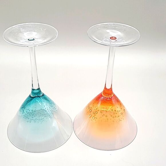 Margarita Glasses, Teal Blue & Orange with Bubbles Inside, Set of 2 - Picture 5 of 5